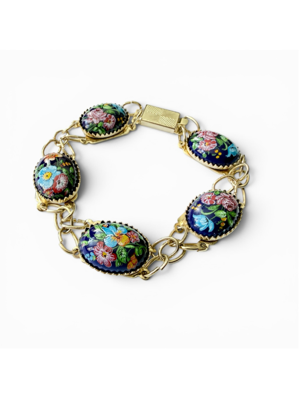Vintage Hand Painted Porcelain Floral Bracelet Blue Porcelain Cabochon Bracelet - Picture 3 of 6
